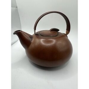 EDITH HEATH POTTERY TEAPOT Sausalito Brown Vintage Wicker Wrapped Copper Handle